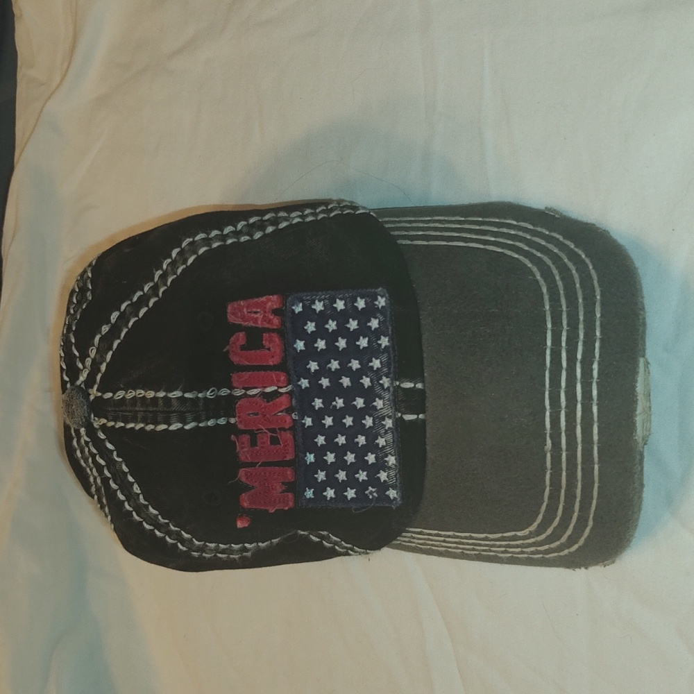 'merica USA Flag Hat Baseball Cap Black EUC Distressed